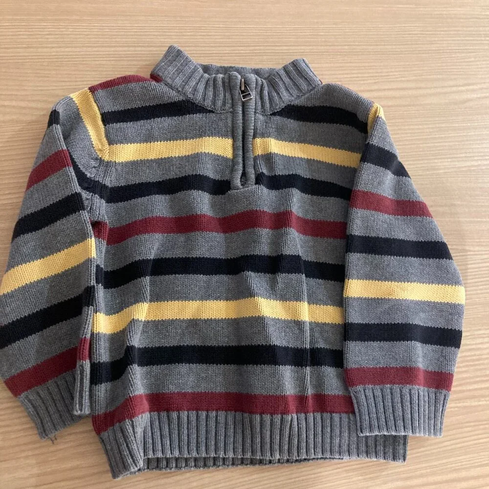 Gymboree 1/4 ZIp Sweater Gray with Stripes 2T 100% Cotton Long Sleeve GUC